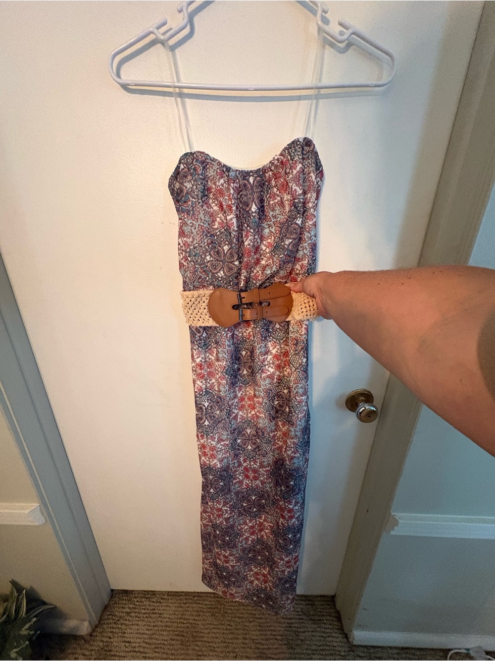 Strapless Multi-Print Maxi Dress with Tan Belt
